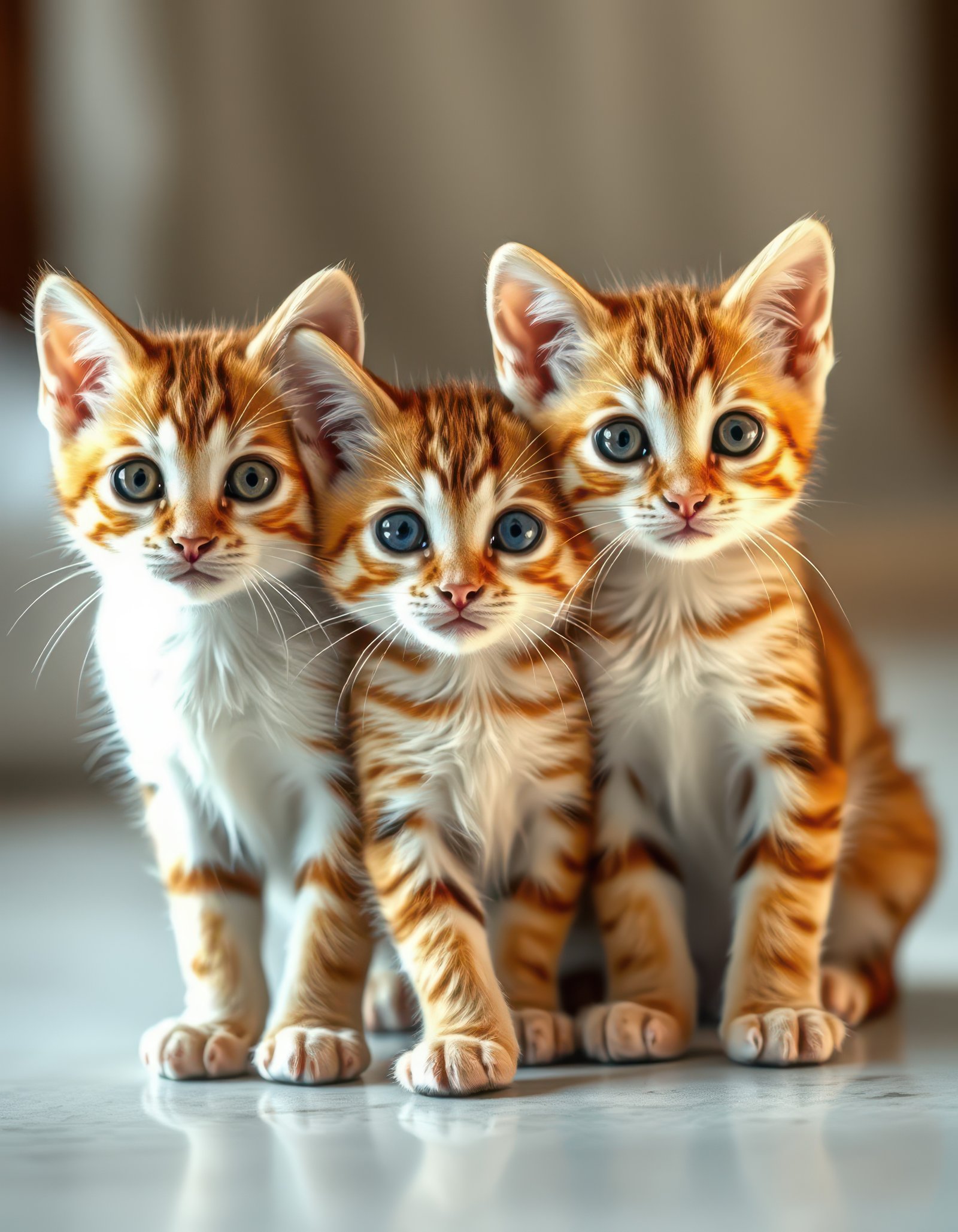 Three playful orange tabby kittens sitting together in a cozy indoor setting, showcasing their vibrant fur and curious expressions